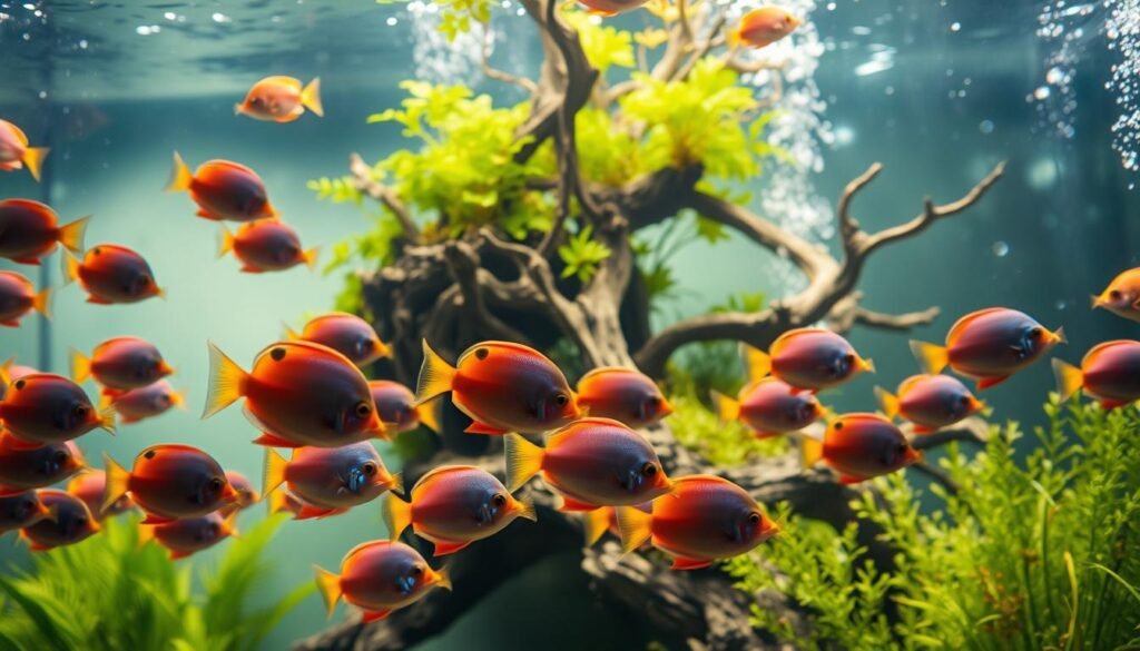 A vibrant underwater scene showcasing the beauty and importance of ornamental fish in aquariums. In the foreground, a vibrant school of colorful tropical fish swimming gracefully, their scales glimmering under the soft, diffused lighting. In the middle ground, a lush, planted aquariumscape with intricate rock formations and driftwood creates a natural and tranquil environment. The background is filled with a sense of depth, with hazy, out-of-focus elements suggesting the vast expanse of the underwater world. The overall composition conveys the captivating allure and the vital role these ornamental fish play in enhancing the aesthetic and ecological balance of aquarium ecosystems. A vibrant underwater scene showcasing the beauty and importance of ornamental fish in aquariums. In the foreground, a vibrant school of colorful tropical fish swimming gracefully, their scales glimmering under the soft, diffused lighting. In the middle ground, a lush, planted aquariumscape with intricate rock formations and driftwood creates a natural and tranquil environment. The background is filled with a sense of depth, with hazy, out-of-focus elements suggesting the vast expanse of the underwater world. The overall composition conveys the captivating allure and the vital role these ornamental fish play in enhancing the aesthetic and ecological balance of aquarium ecosystems.