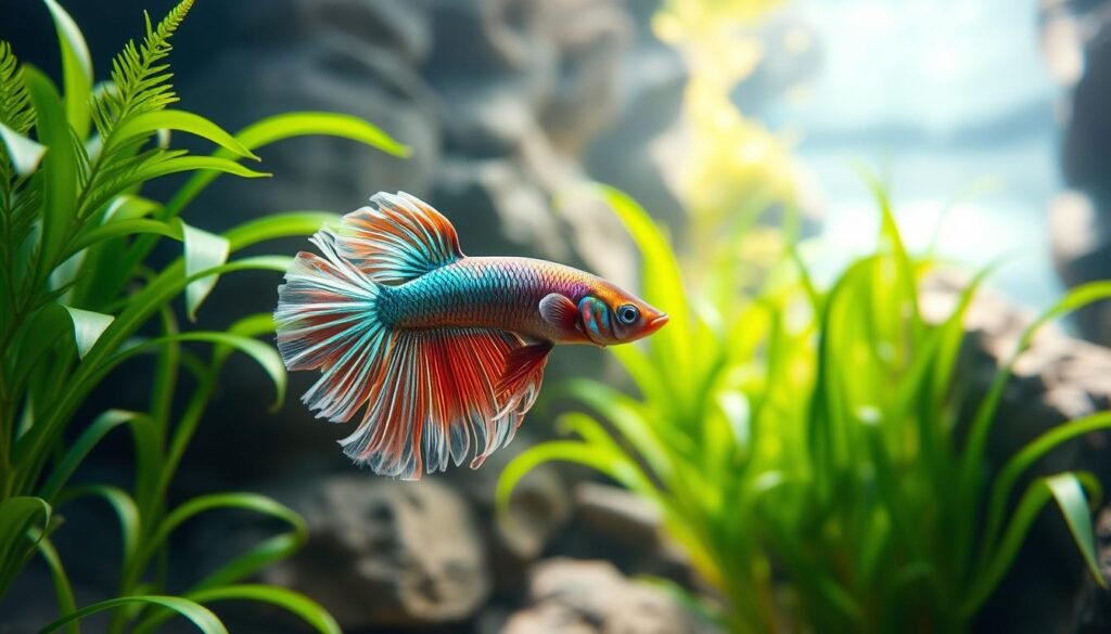 A vibrant underwater scene showcasing the typical behaviors of a captivating betta fish. In the foreground, the betta gracefully swims, its iridescent fins fluttering with mesmerizing movements. The middle ground features lush aquatic plants, their verdant fronds swaying gently with the current. In the background, a softly-lit, serene environment with natural rock formations and subtle lighting casts a calming ambiance. The betta's natural curiosity and attentiveness are palpable, as it explores its habitat with a sense of purpose and tranquility. The overall composition captures the essence of the betta's captivating personality and behavior within its ideal aquatic environment. A vibrant underwater scene showcasing the typical behaviors of a captivating betta fish. In the foreground, the betta gracefully swims, its iridescent fins fluttering with mesmerizing movements. The middle ground features lush aquatic plants, their verdant fronds swaying gently with the current. In the background, a softly-lit, serene environment with natural rock formations and subtle lighting casts a calming ambiance. The betta's natural curiosity and attentiveness are palpable, as it explores its habitat with a sense of purpose and tranquility. The overall composition captures the essence of the betta's captivating personality and behavior within its ideal aquatic environment.