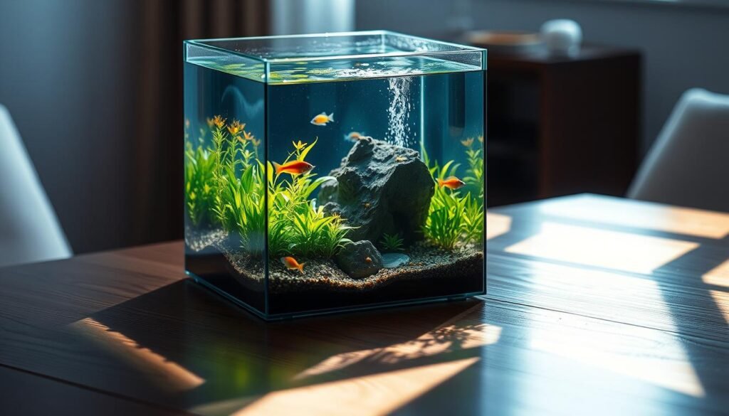 A visually striking image of pristine betta fish water, showcasing its ideal conditions. In the foreground, the crystal-clear aquarium water gently ripples, reflecting the natural lighting. Delicate water plants sway gracefully, their lush, verdant hues creating a serene underwater oasis. In the middle ground, a healthy, vibrant betta fish majestically swims, its brilliant, iridescent fins effortlessly gliding through the perfectly balanced pH and temperature. The background depicts a calming, natural landscape, with soft, diffused light filtering through wispy clouds, setting an tranquil, contemplative mood. The overall composition conveys the importance of maintaining optimal water quality to ensure the well-being and thriving behavior of the beloved betta fish. A well-lit aquarium cube rests on a wooden table, the sunlight filtering through its glass panels. Inside, a lush underwater landscape unfolds, featuring vibrant green plants, colorful fish swimming gracefully, and a natural-looking rock formation. The water's surface gently ripples, creating a mesmerizing play of light and shadow. The overall scene exudes a sense of tranquility and balance, inviting the viewer to imagine the joy of setting up and maintaining this captivating aquatic ecosystem.