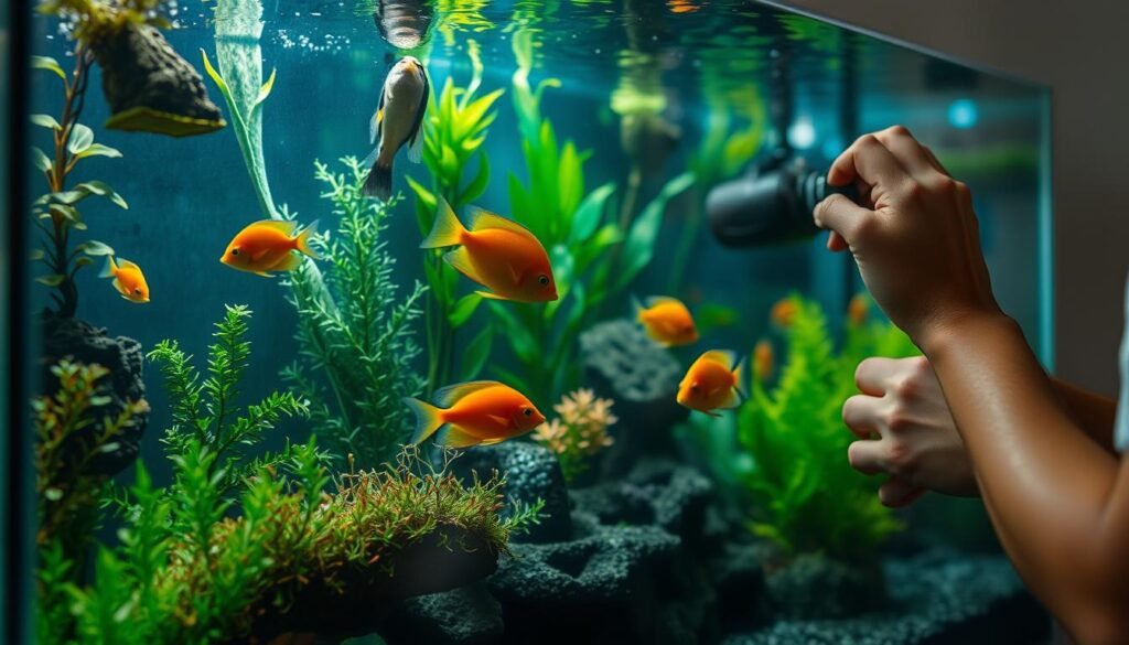 A well-lit aquarium filled with lush aquatic plants, brightly colored tropical fish swimming gracefully, and a person's hands meticulously adjusting the equipment. The scene conveys a sense of tranquility and the delicate balance required to maintain a thriving underwater ecosystem. The camera angle captures the aquarium from a side profile, showcasing the depth and layers within. Soft, diffused lighting illuminates the scene, creating a warm, inviting atmosphere. The prompt aims to visually represent the essential aspects of aquarium maintenance, reflecting the title "Manutenção de Aquário de Peixes" and the article's focus on ornamental fish. espécies de peixes ornamentais