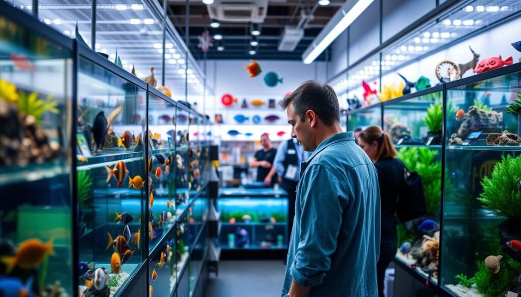 A well-lit aquarium store, with rows of glass tanks showcasing a vibrant selection of tropical fish. In the foreground, a customer carefully examines different species, considering their size, behavior, and compatibility for a home aquarium. The middle ground features aquarium decorations, plants, and accessories, providing a visually engaging backdrop. The background showcases a knowledgeable store clerk, ready to offer guidance and expertise to help the customer make an informed decision. The scene exudes a sense of tranquility and wonder, capturing the joy of choosing the perfect fish for a personal aquarium. A well-lit aquarium store, with rows of glass tanks showcasing a vibrant selection of tropical fish. In the foreground, a customer carefully examines different species, considering their size, behavior, and compatibility for a home aquarium. The middle ground features aquarium decorations, plants, and accessories, providing a visually engaging backdrop. The background showcases a knowledgeable store clerk, ready to offer guidance and expertise to help the customer make an informed decision. The scene exudes a sense of tranquility and wonder, capturing the joy of choosing the perfect fish for a personal aquarium.