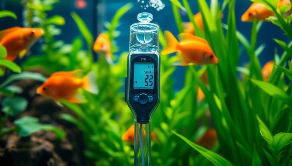 A well-lit, close-up photograph of a digital pH meter submerged in a tropical fish aquarium, surrounded by lush green aquatic plants and vibrant freshwater fish. The meter's display shows a slightly acidic pH reading, reflecting the ideal water conditions for a thriving acidic water ecosystem. The image is captured from a low angle, emphasizing the importance of carefully monitoring and maintaining the pH levels in an aquarium to support the specific needs of acid-loving fish species. The overall scene conveys a sense of scientific precision and environmental balance essential for the successful husbandry of this type of aquarium. A well-lit, close-up photograph of a digital pH meter submerged in a tropical fish aquarium, surrounded by lush green aquatic plants and vibrant freshwater fish. The meter's display shows a slightly acidic pH reading, reflecting the ideal water conditions for a thriving acidic water ecosystem. The image is captured from a low angle, emphasizing the importance of carefully monitoring and maintaining the pH levels in an aquarium to support the specific needs of acid-loving fish species. The overall scene conveys a sense of scientific precision and environmental balance essential for the successful husbandry of this type of aquarium.