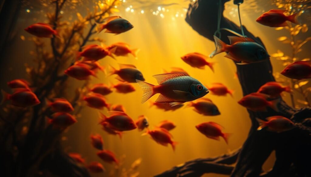 An underwater scene featuring a school of tropical fish swimming in a dimly lit, tannin-stained aquarium. The water has a warm, golden hue with rays of soft, diffused lighting filtering through the plants and driftwood. The fish are small to medium-sized, with bright, vibrant colors like red, orange, and deep blue. Their bodies have a sleek, streamlined shape adapted to the acidic environment. The foreground is in sharp focus, while the background fades into a hazy, out-of-focus blur, creating a sense of depth. The overall mood is serene and tranquil, reflecting the ideal temperature conditions for these acid-loving aquarium inhabitants. An underwater scene featuring a school of tropical fish swimming in a dimly lit, tannin-stained aquarium. The water has a warm, golden hue with rays of soft, diffused lighting filtering through the plants and driftwood. The fish are small to medium-sized, with bright, vibrant colors like red, orange, and deep blue. Their bodies have a sleek, streamlined shape adapted to the acidic environment. The foreground is in sharp focus, while the background fades into a hazy, out-of-focus blur, creating a sense of depth. The overall mood is serene and tranquil, reflecting the ideal temperature conditions for these acid-loving aquarium inhabitants.