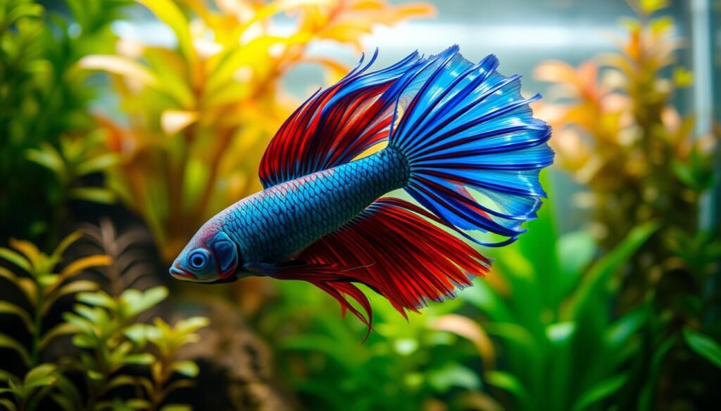 Detailed close-up of a vibrant male betta fish swimming gracefully in a lush, planted aquarium. The fish is shown in the foreground, its brilliant blue and red fins flowing effortlessly through the water. The middle ground features a variety of aquatic plants, creating a naturalistic underwater scene. The background is softly blurred, emphasizing the fish's captivating movements. The lighting is soft and diffused, casting gentle shadows that accentuate the betta's elegant form. The overall scene conveys a sense of tranquility and the unique behavioral patterns of this popular aquarium species. Detailed close-up of a vibrant male betta fish swimming gracefully in a lush, planted aquarium. The fish is shown in the foreground, its brilliant blue and red fins flowing effortlessly through the water. The middle ground features a variety of aquatic plants, creating a naturalistic underwater scene. The background is softly blurred, emphasizing the fish's captivating movements. The lighting is soft and diffused, casting gentle shadows that accentuate the betta's elegant form. The overall scene conveys a sense of tranquility and the unique behavioral patterns of this popular aquarium species.