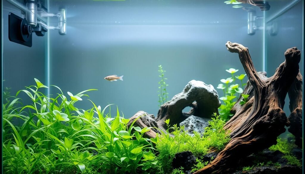A cozy, well-lit nano aquarium, its crystal-clear waters hosting a vibrant underwater ecosystem. In the foreground, lush greenery adorns the aquascape, with delicate aquatic plants swaying gently. In the middle ground, a few small schooling fish dart between the rocks and driftwood, their silvery scales catching the soft, diffused lighting. The background features a clean, minimalist backdrop, allowing the aquarium's contents to take center stage. The overall scene conveys a sense of tranquility and balance, showcasing the beauty of a meticulously maintained small-scale aquarium.