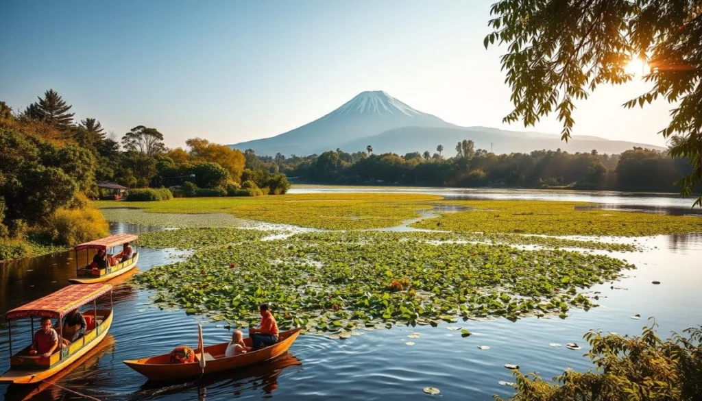 A lush, vibrant landscape of Lago Xochimilco, a serene and picturesque lake nestled in the heart of Mexico City. The foreground features the iconic trajinera boats, their colorful decorations and passengers adding a touch of life to the scene. The middle ground showcases the surrounding verdant wetlands, home to the elusive axolotl, while the distant background is dominated by the dramatic, snow-capped peaks of the Iztaccihuatl and Popocatépetl volcanoes, casting a majestic presence over the tranquil waters. Warm, golden sunlight filters through the atmosphere, casting a soft, dreamlike glow over the entire composition. The overall mood is one of serenity, harmony, and a deep connection to the natural world.