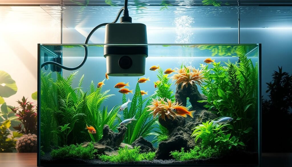 A medium-sized aquarium filled with lush underwater vegetation, a vibrant school of tropical fish, and a stylish hanging filter system. The aquarium is set against a backdrop of a softly lit, natural-looking environment, with gentle rays of sunlight filtering through the water's surface. The layout is carefully designed to create a sense of depth and balance, with the hanging filter blending seamlessly into the scene. The overall mood is serene and tranquil, inviting the viewer to immerse themselves in the calming world of this well-maintained medium-sized aquarium.