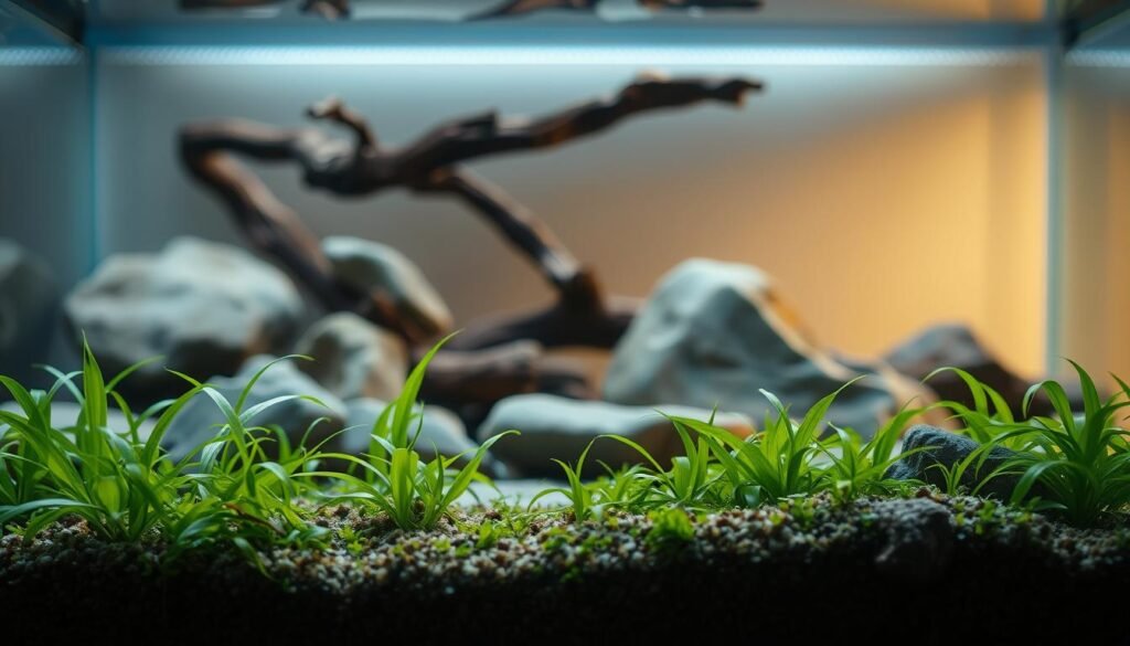 água A well-maintained aquarium substrate with a natural, layered appearance. In the foreground, a lush carpet of verdant aquatic plants, their delicate fronds swaying gently. In the middle ground, a carefully curated arrangement of smooth river rocks and driftwood, creating visual interest and hiding the substrate's edges. The background features a subtle, warm-toned lighting, casting a soft glow and highlighting the depth of the aquarium. The overall scene conveys a sense of serene, balanced harmony. Branding: "Aquarismo Sem Limites"