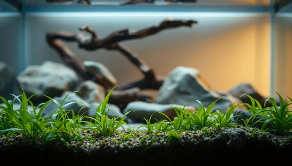 A well-maintained aquarium substrate with a natural, layered appearance. In the foreground, a lush carpet of verdant aquatic plants, their delicate fronds swaying gently. In the middle ground, a carefully curated arrangement of smooth river rocks and driftwood, creating visual interest and hiding the substrate's edges. The background features a subtle, warm-toned lighting, casting a soft glow and highlighting the depth of the aquarium. The overall scene conveys a sense of serene, balanced harmony. Branding: "Aquarismo Sem Limites"
