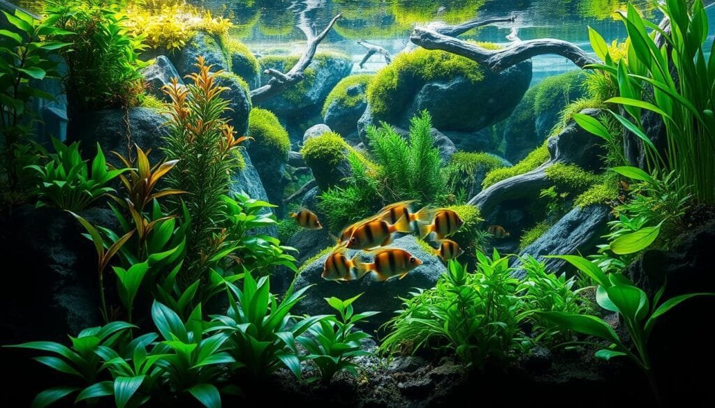 Um aquário plantado com detalhes intrincados, banhado por luz natural que filtra através da vegetação exuberante. O primeiro plano exibe uma variedade de plantas aquáticas vibrantes, com suas folhas balançando suavemente na correnteza. No plano intermediário, um sereno cardume de peixes tropicais nada graciosamente pelas águas cristalinas. O fundo apresenta uma paisagem rochosa de aparência natural, com pedras cobertas de musgo e troncos, criando uma cena tranquila e harmoniosa. A composição geral evoca uma sensação de equilíbrio e serenidade, capturando perfeitamente a essência de um aquário plantado "Aquarismo Sem Limites".