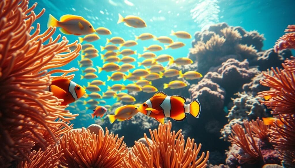 A bright and vibrant underwater scene, showcasing a diverse array of saltwater fish. In the foreground, a stunning clownfish dances amidst swaying sea anemones, its vibrant orange and white hues contrasting with the deep blue waters. In the middle ground, a school of shimmering angelfish glides effortlessly, their graceful movements capturing the essence of a thriving marine ecosystem. In the background, a majestic coral reef rises, its intricate structures providing a lush backdrop for the aquatic inhabitants. The lighting is natural and diffused, casting a warm glow over the scene and accentuating the vivid colors of the fish and coral. The overall composition is balanced and inviting, capturing the beauty and wonder of a well-curated saltwater aquarium.