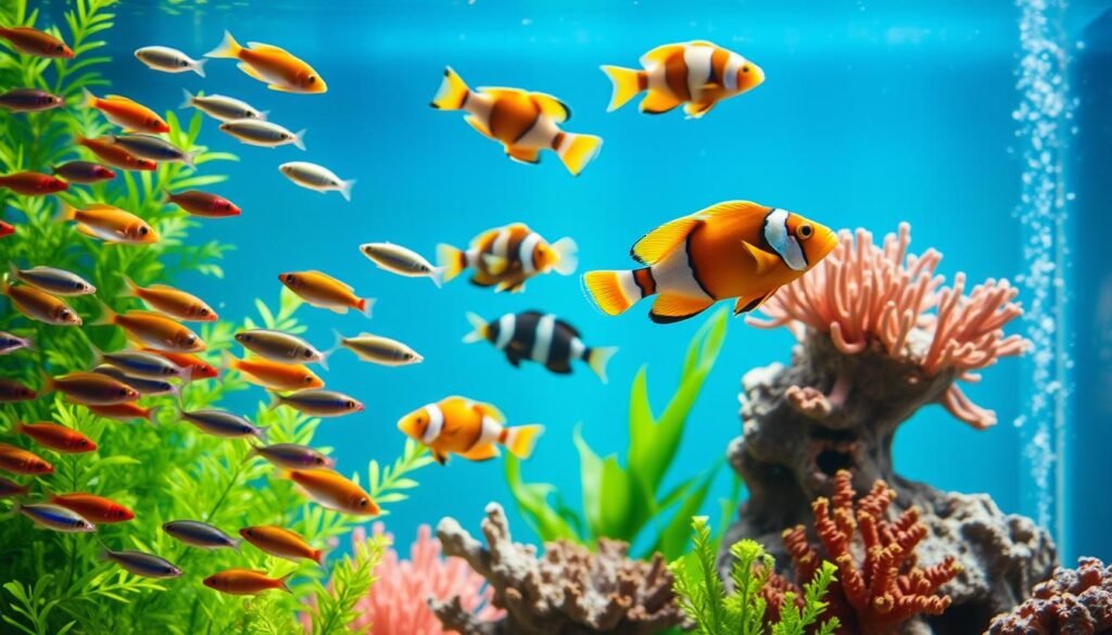 A brightly lit aquarium filled with a vibrant collection of tropical fish. In the foreground, a school of colorful, iridescent tetras gracefully swim amidst lush aquatic plants. In the middle ground, a pair of bold, striped clownfish dart between coral formations, their playful movements captured in sharp focus. The background features a tranquil blue-green water column, with the gentle shimmer of sunlight filtering through the surface, creating a calming, underwater ambiance. The overall composition conveys the beauty and serenity of a well-maintained small aquarium, showcasing the ideal fish inhabitants for a compact living space.