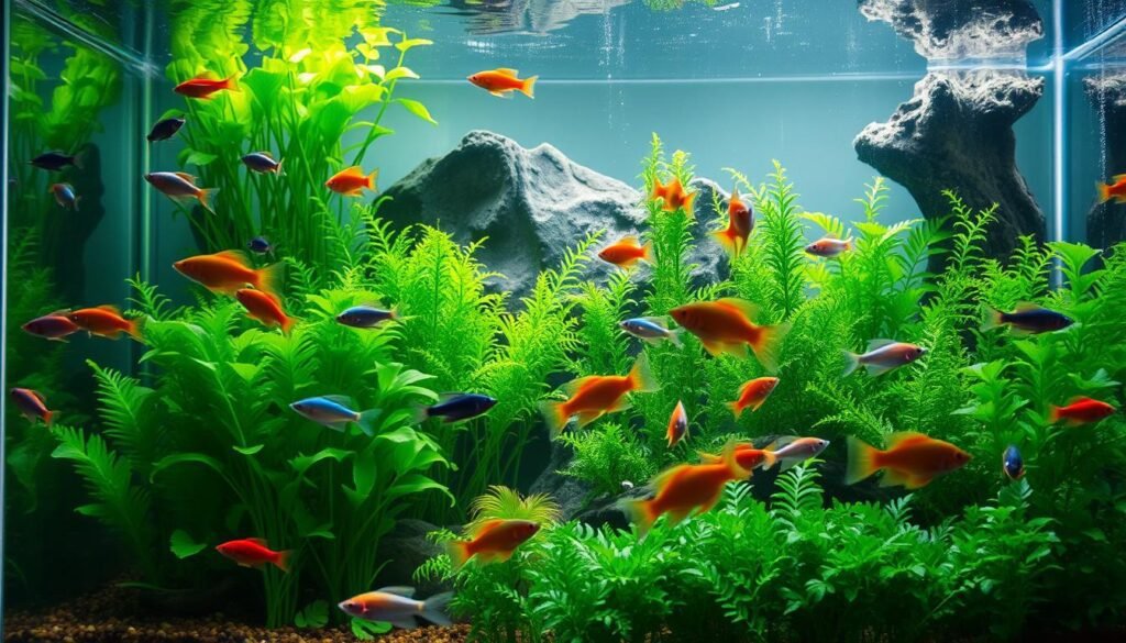 A clean, well-maintained aquarium with lush, vibrant underwater plants and a diverse array of colorful, healthy fish swimming gracefully. The scene is bathed in soft, natural lighting that filters through the glass, creating a serene and calming atmosphere. The water is crystal clear, reflecting the greenery and fish above. In the foreground, a selection of popular freshwater fish species like guppies, tetras, and corydoras catfish are thriving, their vibrant colors and natural behaviors on display. The middle ground features a carefully curatedscape of aquatic plants, including lush java ferns, floating water lettuce, and bushy green foreground plants. The background showcases a natural rock formation or driftwood arrangement, adding depth and visual interest to the composition. A clean, well-maintained aquarium with lush, vibrant underwater plants and a diverse array of colorful, healthy fish swimming gracefully. The scene is bathed in soft, natural lighting that filters through the glass, creating a serene and calming atmosphere. The water is crystal clear, reflecting the greenery and fish above. In the foreground, a selection of popular freshwater fish species like guppies, tetras, and corydoras catfish are thriving, their vibrant colors and natural behaviors on display. The middle ground features a carefully curatedscape of aquatic plants, including lush java ferns, floating water lettuce, and bushy green foreground plants. The background showcases a natural rock formation or driftwood arrangement, adding depth and visual interest to the composition.