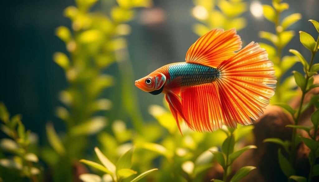 A close-up portrait of a captivating betta fish, its vibrant fins effortlessly gliding through a serene aquarium filled with lush, verdant plants. The lighting is soft and diffused, casting a warm, ambient glow that highlights the fish's striking colors and intricate patterns. The camera angle is slightly elevated, providing an intimate and immersive perspective that draws the viewer into the tranquil underwater world. The background is subtly blurred, allowing the betta's captivating behavior to take center stage. The overall mood is one of calm contemplation, inviting the viewer to observe the graceful movements and unique personality of this remarkable freshwater species. A close-up portrait of a captivating betta fish, its vibrant fins effortlessly gliding through a serene aquarium filled with lush, verdant plants. The lighting is soft and diffused, casting a warm, ambient glow that highlights the fish's striking colors and intricate patterns. The camera angle is slightly elevated, providing an intimate and immersive perspective that draws the viewer into the tranquil underwater world. The background is subtly blurred, allowing the betta's captivating behavior to take center stage. The overall mood is one of calm contemplation, inviting the viewer to observe the graceful movements and unique personality of this remarkable freshwater species.