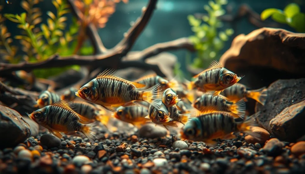 A close-up underwater scene showcasing a school of Corydoras catfish, also known as "fundo" fish, nestled amidst a lush aquarium environment. The catfish are depicted in their natural bottom-dwelling behavior, gently foraging and scavenging for food along the substrate. The lighting is soft and natural, with warm hues reflecting off the water's surface and illuminating the intricate details of the fish's whisker-like barbels and armored bodies. The background features a blend of aquatic plants, driftwood, and smooth rocks, creating a serene and well-balanced aquarium setting ideal for small tropical fish species. This image aims to visually encapsulate the role of these "faxineiros" or "cleaning" fish in maintaining a healthy and thriving small-scale aquarium.
