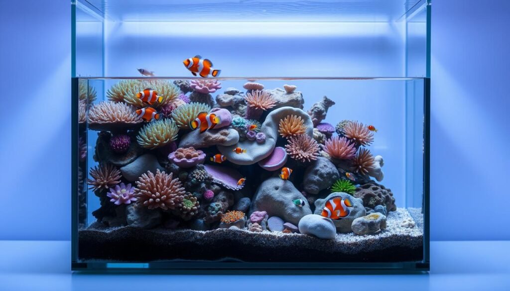 A lush underwater aquarium scene, featuring a diverse array of vibrant green algae flowing gracefully in the foreground. The middle ground showcases a range of coral formations, while the background depicts a serene, blue-hued ocean backdrop. The lighting is soft and natural, creating a calming and immersive atmosphere. The composition captures the delicate balance of the marine ecosystem, highlighting the intricate details and textures of the algae. This image aims to illustrate the presence and importance of algae in a healthy, thriving marine aquarium environment. fluconazol aquario marinho