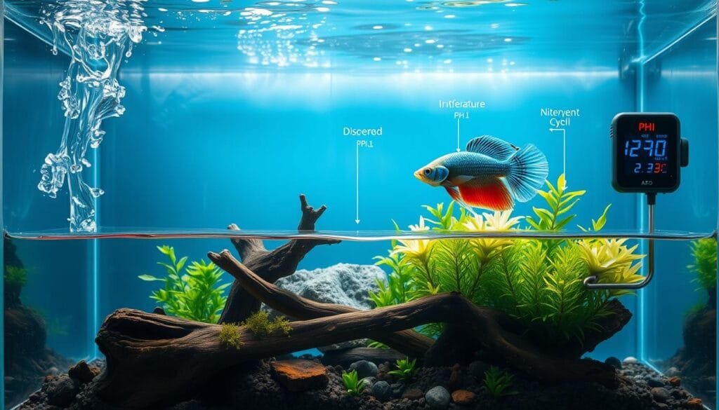 A detailed cross-section of a fish tank, showcasing the key parameters of aquarium water. In the foreground, crystal-clear water flows gently, highlighting the delicate balance of pH, temperature, and dissolved oxygen levels. Midground reveals the intricate nitrogen cycle, with nitrifying bacteria colonies thriving on submerged driftwood and lush aquatic plants. The background depicts a serene underwater landscape, with sunlight filtering through the surface, casting a warm, ambient glow. Precise instrumentation, such as digital thermometers and pH meters, are subtly integrated into the scene, emphasizing the importance of meticulous water quality monitoring. The overall composition conveys the harmonious coexistence of the aquatic ecosystem, inspiring a deeper appreciation for the nuanced parameters required to maintain a healthy Betta fish habitat.