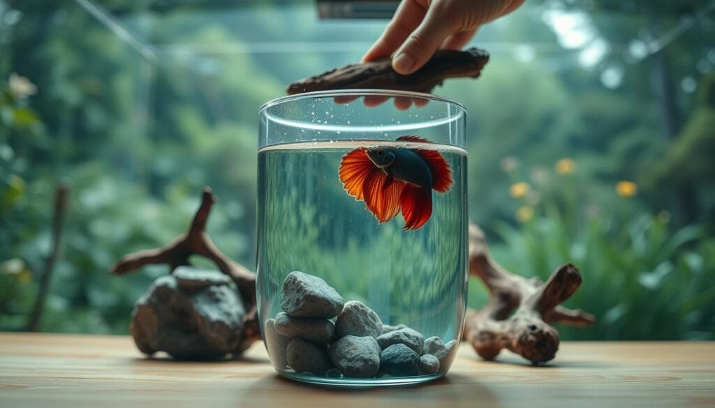 A detailed step-by-step guide to setting up a betta fish aquarium. The foreground shows the aquarium components being carefully assembled, including the hardscape elements like rocks and driftwood. The middle ground depicts the tank being filled with crystal clear water, while the background features a serene natural scene with lush greenery and a calming color palette. Soft, diffused lighting creates a warm, inviting atmosphere, and the camera angle captures the process from an eye-level perspective, inviting the viewer to imagine themselves engaged in the setup. The overall composition conveys a sense of tranquility and attention to detail, reflecting the care and precision required for a successful betta fish habitat.