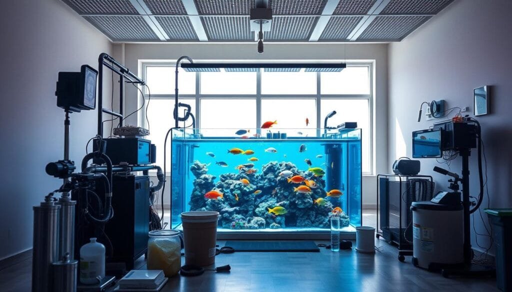 A detailed wide-angle shot of a saltwater aquarium setup, capturing the foreground with meticulously arranged aquarium equipment, filtration systems, and the necessary tools for maintenance. The middle ground showcases a vibrant reef ecosystem with a variety of colorful fish swimming gracefully. The background features a minimalist room setting, with natural lighting streaming in from large windows, creating a serene and tranquil atmosphere. The overall composition conveys the comprehensive costs and planning required to establish and maintain a thriving saltwater aquarium for the hobbyist.