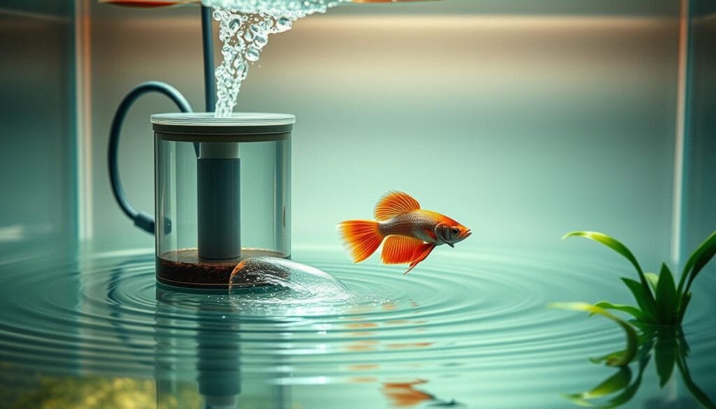A gently flowing aquarium filter, its soft, soothing current circulating the pristine water. The filter's sleek, minimalist design blends seamlessly into the aquarium's natural aesthetic, with a translucent housing that allows the water's movement to be observed. Subdued lighting casts a warm, ambient glow, accentuating the filter's efficiency and the aquarium's serene atmosphere. The water's surface reflects the gentle ripples, creating a mesmerizing play of light and shadow. Lush aquatic plants sway in the current, complementing the filter's unobtrusive presence. This setup is the perfect balance of form and function, designed to provide a healthy, low-stress environment for a Betta fish to thrive.