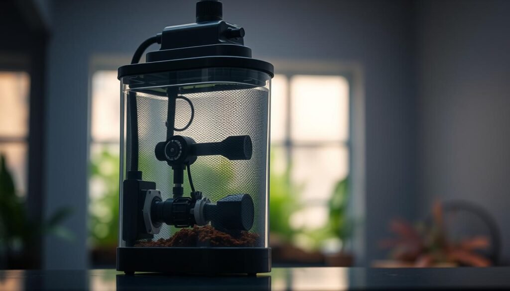 A high-quality aquarium filter in a well-lit environment, showcasing its intricate mechanical components and sleek design. The filter is prominently displayed, capturing the viewer's attention, with a softly blurred background that emphasizes the device's importance in maintaining a healthy, thriving aquarium ecosystem. The lighting is subtle and natural, highlighting the filter's materials and textures, such as the sturdy plastic housing, the mesh filter media, and the exposed mechanical parts. The overall composition conveys a sense of efficiency, functionality, and the essential role of filtration in aquarium maintenance.