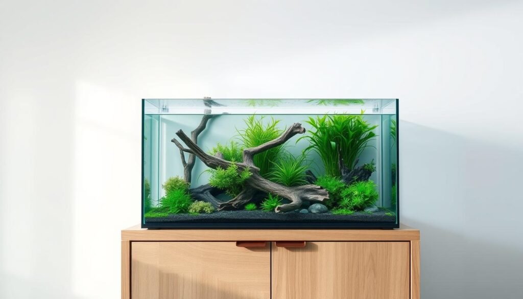 A high-resolution, wide-angle photograph of a modern, minimalist aquarium filled with crystal-clear water, featuring a lush underwater landscape with vibrant green plants and driftwood accents. The aquarium is positioned on a sleek, wooden cabinet against a bright, airy backdrop, creating a serene and harmonious visual balance. The lighting is natural and diffused, casting a soft, ambient glow that highlights the captivating details of the aquarium's contents. The overall composition emphasizes the peaceful, calming atmosphere of a well-designed small aquarium, suitable for a variety of freshwater fish species.