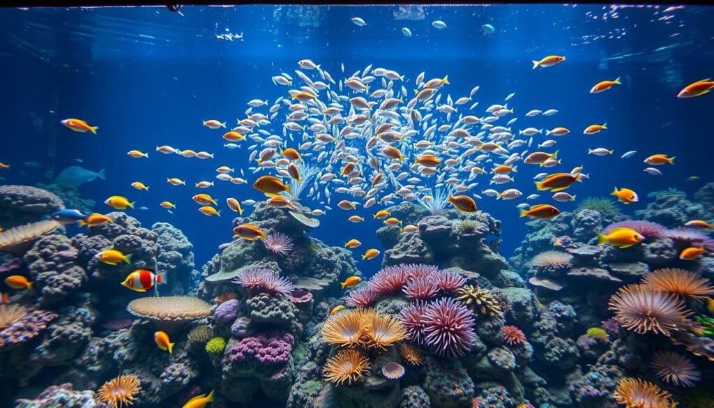 A large, vibrant community aquarium filled with diverse marine life. The foreground showcases a lush reef ecosystem teeming with colorful tropical fish, anemones, and coral formations. In the middle ground, schools of small schooling fish dart through the water, creating a mesmerizing visual. The background features a deep blue ocean backdrop, with the light from the aquarium's lighting system creating a warm, inviting glow. The scene is captured with a wide-angle lens, providing a panoramic view of the thriving underwater habitat. The overall mood is one of serene tranquility, inviting the viewer to immerse themselves in the captivating world of a community saltwater aquarium.