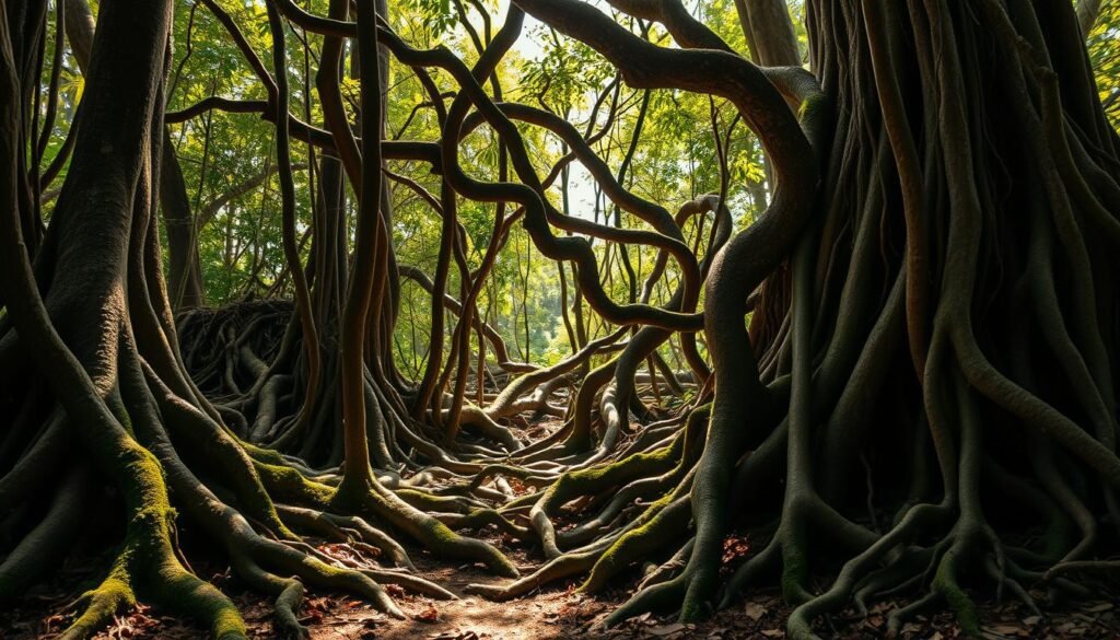 A lush, tangled thicket of gnarly tree roots, twisted trunks, and intertwining branches in the heart of the Amazon rainforest. Dappled sunlight filters through the dense canopy, casting a warm, earthy glow across the scene. In the foreground, gnarled, moss-covered roots emerge from the rich, loamy soil, creating a intricate web of natural structures. Twisting trunks rise up, their bark textured and weathered, supporting a tangle of thick, sinuous branches that reach skyward. Vibrant green foliage casts dynamic shadows, hinting at the verdant, life-filled world beyond. The overall composition evokes a sense of wild, untamed natural beauty, capturing the essence of the Amazon's lush, primeval landscape.