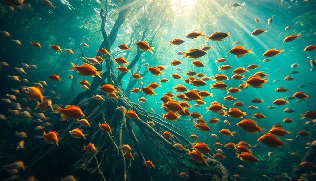 A lush underwater scene in the Amazon rainforest, with a vibrant school of tropical fish swimming gracefully through the crystal-clear waters. The foreground features a diverse array of endemic Amazonian species, including cardinal tetras, discus fish, and angelfish, their iridescent scales shimmering under the warm, diffused lighting. The middle ground showcases the intricate structure of submerged tree roots and lush aquatic vegetation, creating a natural, immersive habitat. In the background, dappled sunlight filters through the surface, casting a serene, verdant glow over the tranquil scene, evoking the essence of the Amazon basin.
