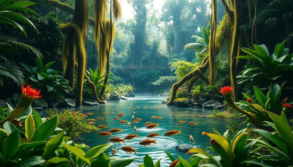 A lush, verdant aquarium scene set in the heart of the Amazon rainforest. In the foreground, a vibrant display of native plants and aquatic life, their vibrant colors and intricate textures filling the frame. In the middle ground, a gently flowing river with schools of tropical fish darting through the crystal-clear waters. The background features towering, ancient trees draped in vines and mosses, creating a sense of depth and immersion. Soft, natural lighting filters through the canopy, casting a warm, golden glow on the entire scene. The overall atmosphere is one of tranquility and wonder, inviting the viewer to step into the heart of the Amazon and experience its breathtaking beauty.