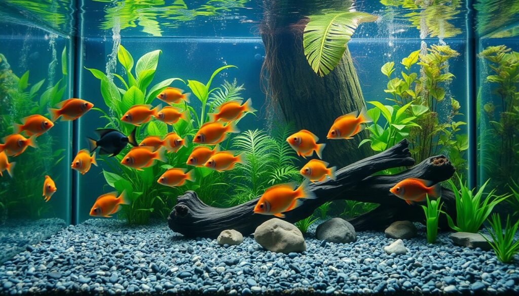 A meticulously clean aquarium, the water crystal-clear, with a lush, thriving underwater garden. In the foreground, a school of vibrant fish gracefully glide through the tranquil currents, effortlessly maintaining the delicate balance of the ecosystem. Midground reveals a well-tended gravel substrate, free of unsightly debris, with strategically placed rocks and driftwood providing hiding spots and enrichment for the aquatic inhabitants. The background showcases a verdant display of aquatic plants, their leaves gently swaying, filtering the water and producing life-giving oxygen. Gentle lighting casts a warm, natural glow, creating an atmosphere of serenity and harmony. Captured from a slightly elevated, wide-angle perspective to showcase the holistic beauty of this thriving, meticulously maintained aquarium.