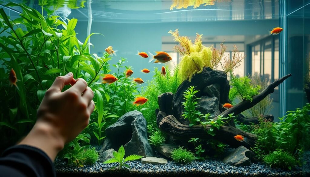 A pristine aquarium with lush greenery and vibrant fish swimming gracefully, illuminated by soft, natural lighting. In the foreground, a person's hands gently tending to the aquatic plants, meticulously pruning and adjusting the layout. The middle ground showcases the diverse ecosystem, with different species of fish darting between the carefully placed rocks and driftwood. In the background, a soothing view of the aquarium's exterior, reflecting the tranquil atmosphere. The scene exudes a sense of harmony and attention to detail, capturing the essence of maintaining a thriving small-scale aquarium.