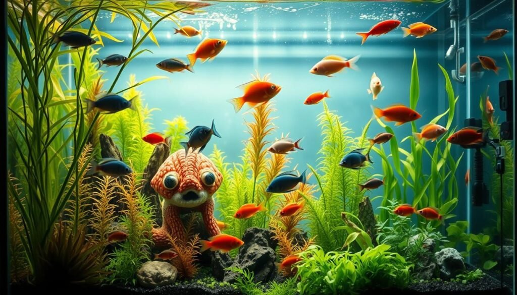 A small aquarium filled with vibrant, diverse aquatic life, showcasing the best fish species for a compact living space. Lush underwater plants sway gently, creating a serene and natural atmosphere. Warm, diffused lighting illuminates the scene, highlighting the intricate colors and patterns of the fish. The aquarium is meticulously designed, with a thoughtful layout that maximizes the available space while providing ample swimming room for the inhabitants. The overall composition conveys a sense of harmony and balance, exemplifying the essential criteria for choosing the right fish for a small aquarium.