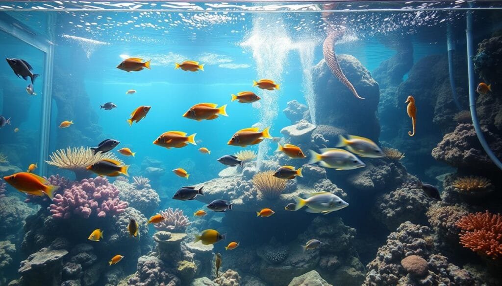 A spacious saltwater aquarium filled with diverse marine life, its size and litraje showcased against a backdrop of vibrant coral reefs and serene underwater landscapes. Diffused natural lighting filters through the clear glass, casting a warm glow on the scene. The aquarium's inhabitants, from tropical fish to graceful seahorses, swim in perfect harmony, their movements captured in a sense of tranquility. The overall composition emphasizes the scale and proportions of the aquarium setup, highlighting the importance of proper tank size and volume for a thriving community of saltwater species. The image conveys a sense of balance, beauty, and the delicate ecosystem within the confines of the aquarium.