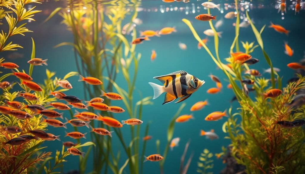 A stunning aquarium scene with vibrant tropical fish swimming amidst lush underwater vegetation. In the foreground, a school of neon tetras dances through the crystal-clear water, their iridescent scales shimmering in the soft, natural lighting. In the middle ground, a majestic angelfish gracefully navigates the swaying plants, its flowing fins and bold patterns commanding attention. In the background, a kaleidoscope of other colorful fish, such as guppies, swordtails, and mollies, add depth and visual interest to the captivating underwater landscape. The scene is bathed in a warm, golden glow, creating a serene and inviting atmosphere that showcases the beauty and allure of a well-designed domestic aquarium. A stunning aquarium scene with vibrant tropical fish swimming amidst lush underwater vegetation. In the foreground, a school of neon tetras dances through the crystal-clear water, their iridescent scales shimmering in the soft, natural lighting. In the middle ground, a majestic angelfish gracefully navigates the swaying plants, its flowing fins and bold patterns commanding attention. In the background, a kaleidoscope of other colorful fish, such as guppies, swordtails, and mollies, add depth and visual interest to the captivating underwater landscape. The scene is bathed in a warm, golden glow, creating a serene and inviting atmosphere that showcases the beauty and allure of a well-designed domestic aquarium.