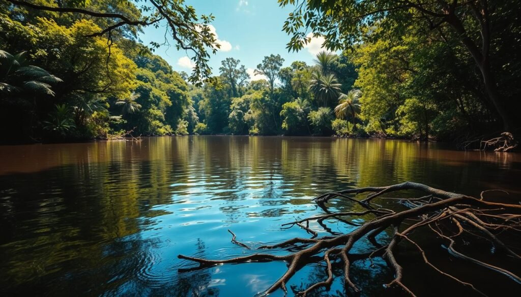 A tranquil, tannin-rich river flowing through the lush Amazon rainforest. The "água negra" (black water) appears almost inky, reflecting the verdant foliage and azure sky above. Sunlight filters through the canopy, casting a warm, golden glow on the still surface. Submerged tree roots and fallen branches create a natural, tangled scene, hinting at the thriving ecosystem beneath the water's surface. The composition features a balanced interplay of light and shadow, conveying the serene, almost mystical atmosphere of this distinctive Amazonian waterway.
