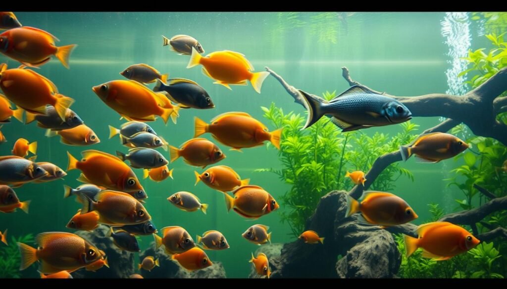 A tranquil underwater scene featuring a diverse array of freshwater fish swimming peacefully in a lush aquarium. The foreground showcases a vibrant school of colorful tropical fish, their scales glistening under the soft, diffused lighting. In the middle ground, larger algae-eating species glide effortlessly, their bodies sculpted to navigate the water's currents. The background depicts a naturalistic aquascape, with verdant aquatic plants and submerged driftwood creating a serene, inviting environment. The overall composition conveys a sense of balance and harmony, capturing the essence of an aquarium that is well-maintained and teeming with life.