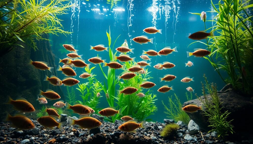 A tranquil underwater scene showcasing a diverse aquarium teeming with a balanced fauna of industrious fish cleaning the aquatic environment. The foreground features a school of colorful Corydoras catfish meticulously grooming the substrate, while in the middle ground, a group of Plecostomus suckermouth algae eaters diligently scrub the aquarium glass. The background is filled with lush aquatic plants gently swaying, creating a serene, natural atmosphere. Soft, diffused lighting illuminates the scene, casting a warm, ambient glow. The camera angle is slightly elevated, providing a captivating bird's-eye view of the harmonious ecosystem. This image perfectly captures the essence of maintaining a healthy, self-sustaining aquarium habitat.