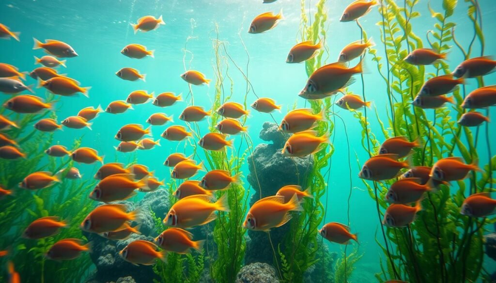 A tranquil underwater scene, showcasing a vibrant school of peaceful fish swimming gracefully amidst lush, verdant aquatic plants. The foreground is dominated by a diverse array of tropical fish, their fins gently undulating as they glide through the crystal-clear water. In the middle ground, delicate tendrils of swaying kelp and clusters of multicolored coral provide a serene, natural backdrop. The background fades into a soft, hazy blue, evoking a sense of depth and the vast expanse of the aquatic realm. Soft, diffused lighting filters through the water, creating a calming, ethereal atmosphere that highlights the captivating colors and elegant movements of the peaceful fish. A tranquil underwater scene, showcasing a vibrant school of peaceful fish swimming gracefully amidst lush, verdant aquatic plants. The foreground is dominated by a diverse array of tropical fish, their fins gently undulating as they glide through the crystal-clear water. In the middle ground, delicate tendrils of swaying kelp and clusters of multicolored coral provide a serene, natural backdrop. The background fades into a soft, hazy blue, evoking a sense of depth and the vast expanse of the aquatic realm. Soft, diffused lighting filters through the water, creating a calming, ethereal atmosphere that highlights the captivating colors and elegant movements of the peaceful fish.