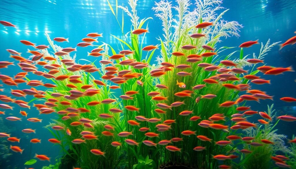 A vibrant aquarium scene, with a school of small, colorful fish gracefully swimming in the foreground, their fins and tails creating a captivating movement on the surface of the water. The middle ground showcases a lush, underwater vegetation, with swaying plants and delicate fronds adding depth and visual interest. In the background, a soft, diffused lighting filters through the water, creating a serene and calming atmosphere. The camera angle is slightly elevated, offering a dynamic, bird's-eye view of the aquatic display, capturing the mesmerizing flow and dance of the active fish population.