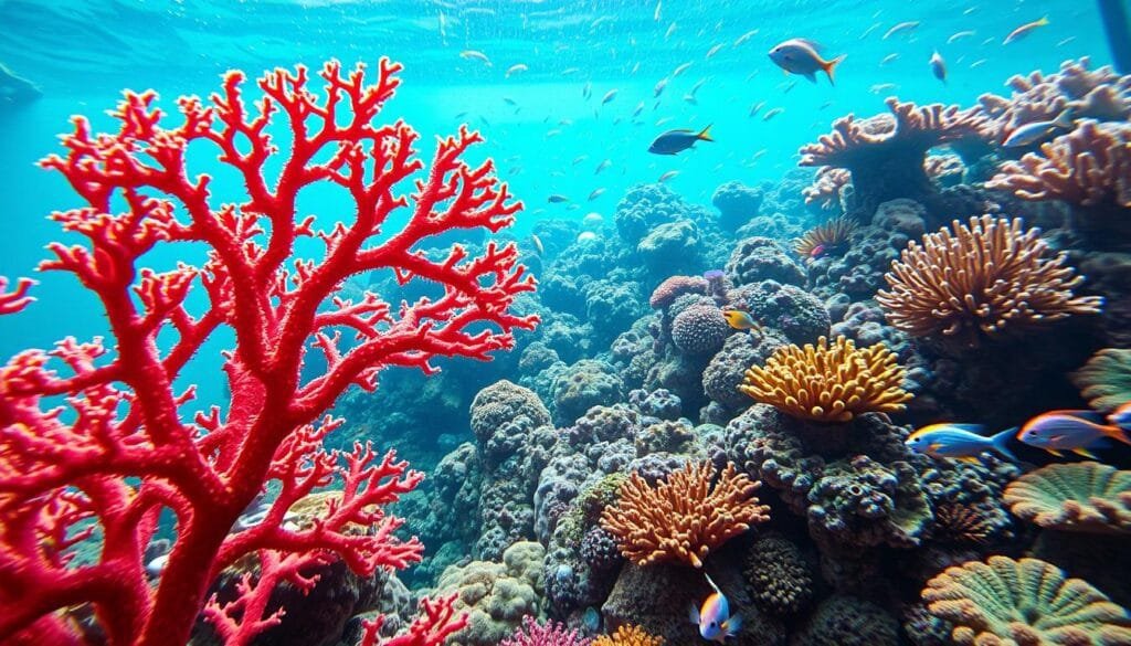 A vibrant underwater scene featuring a diverse array of tropical corals in a well-lit saltwater aquarium. In the foreground, intricate branching corals sway gently, their vibrant hues of red, yellow, and green shimmering under soft, diffused lighting. In the middle ground, a mix of encrusting, boulder, and plate corals create a lush, three-dimensional seascape, while the background is filled with a school of small, colorful reef fish darting amongst the corals. The overall composition emphasizes the natural beauty and delicate balance of a healthy coral reef ecosystem, captured with a wide-angle lens to provide a sense of depth and immersion.