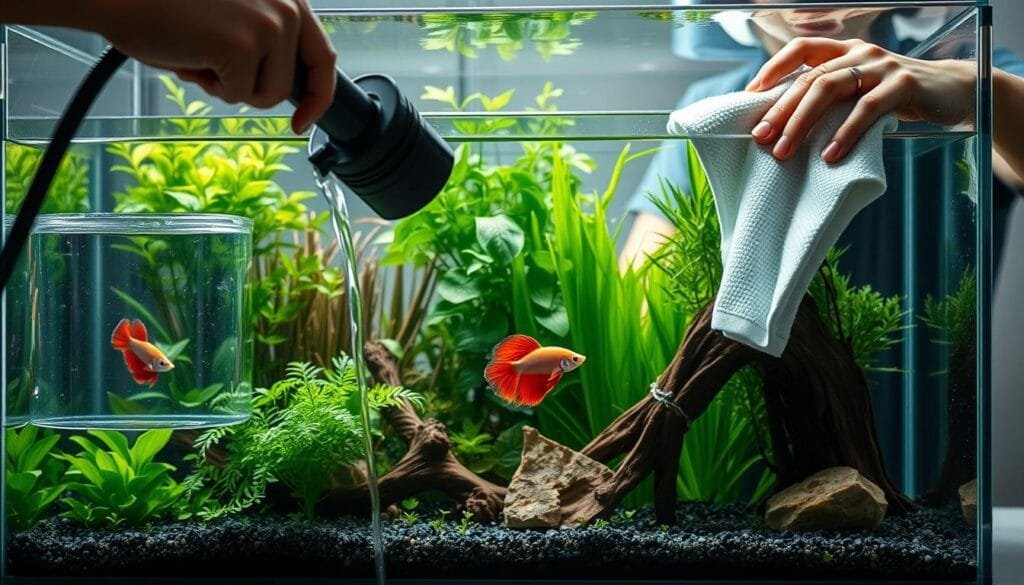 A weekly routine for a Betta fish aquarium: in the foreground, a person performing a partial water change using a gravel vacuum, with the water level slightly lowered; in the middle, the aquarium filled with lush aquatic plants, a Betta fish swimming gracefully, and various décor elements like driftwood and rocks; in the background, a person meticulously cleaning the aquarium glass with a clean cloth, ensuring crystal-clear visibility. The lighting is soft and natural, creating a serene and calming atmosphere. The scene conveys the dedication and attention to detail required for maintaining a healthy Betta fish habitat.