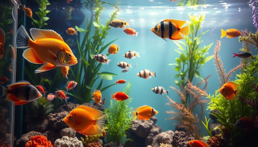A well-lit aquarium filled with a diverse array of vibrant tropical fish swimming gracefully. In the foreground, a catfish, a plecostomus, and a group of corydoras gently suctioning the glass walls, meticulously cleaning the algae. The middle ground showcases a pair of schooling tetras darting between lush aquatic plants, while a majestic angelfish hovers near the surface. The background depicts a serene underwater landscape with soft lighting filtering through the water, creating a calming, natural atmosphere. The entire scene conveys the optimal balance and harmony of a healthy, well-maintained aquarium ecosystem.