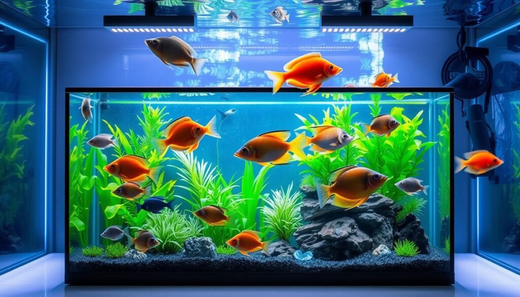 A well-lit, high-quality aquarium of varying sizes, showcasing the diverse range of fish species that are ideal for cleaning and maintaining a healthy underwater ecosystem. The aquarium features a natural, serene backdrop with lush green plants, gently flowing water, and soft lighting that enhances the vibrant colors of the fish. The foreground prominently displays a variety of cleaner fish, such as Plecostomus, Siamese Algae Eaters, and Otocinclus, swimming gracefully and interacting with the environment. The middle ground captures the overall scale and proportions of the aquarium, highlighting the importance of selecting the right size of aquarium for the cleaning fish species. The background subtly suggests the article's subject, "Melhores Peixes para Limpar seu Aquário," with a sense of tranquility and balance.