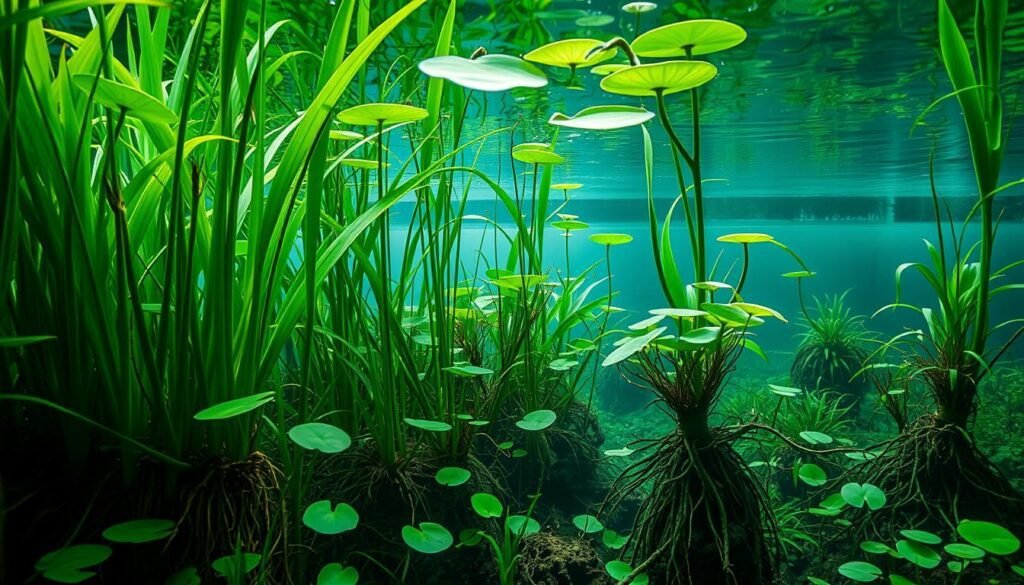 Lush aquatic plants thriving in a tranquil Amazonian biotope. Vibrant green stems and delicate leaves sway gently in the current, creating a serene underwater landscape. Lily pads float atop the still, reflective surface, their shapes mirrored below. Intricate structures of submerged roots and rhizomes anchor the plants, forming a complex habitat for diverse aquatic life. Diffused natural light filters through the water, casting a soft, verdant glow. A balanced, harmonious scene that immerses the viewer in the essence of an Amazonian aquarium.