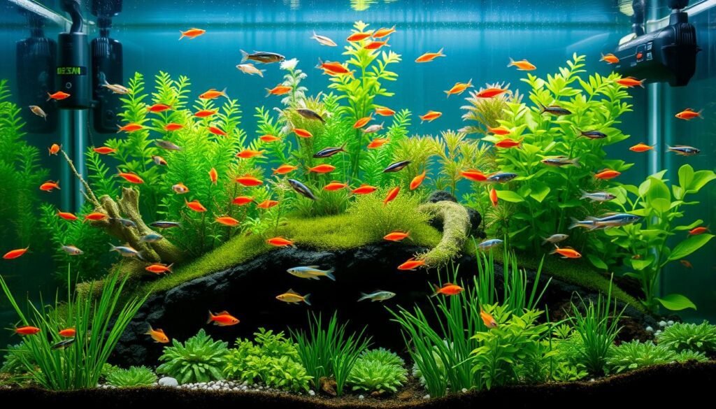 Serene aquarium with small, vibrant fish swimming in a lush, planted underwater oasis. The foreground features a diverse array of small, schooling fish - neon tetras, guppies, and cardinal tetras - gracefully gliding through the crystal clear water. The middle ground showcases a variety of low-growing aquatic plants, such as dwarf hairgrass, java moss, and anubias, creating a natural, tranquil environment. In the background, the aquarium is bathed in a soft, diffused lighting, enhancing the calming ambiance. The overall scene conveys a sense of harmony and balance, perfectly suited for a small, domestic aquarium. Serene aquarium with small, vibrant fish swimming in a lush, planted underwater oasis. The foreground features a diverse array of small, schooling fish - neon tetras, guppies, and cardinal tetras - gracefully gliding through the crystal clear water. The middle ground showcases a variety of low-growing aquatic plants, such as dwarf hairgrass, java moss, and anubias, creating a natural, tranquil environment. In the background, the aquarium is bathed in a soft, diffused lighting, enhancing the calming ambiance. The overall scene conveys a sense of harmony and balance, perfectly suited for a small, domestic aquarium.