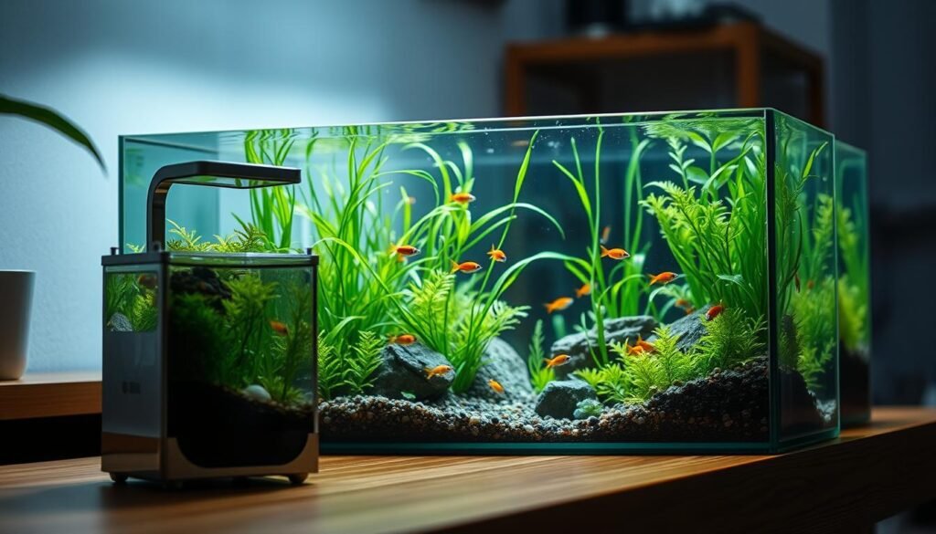 Small aquariums with vibrant underwater scenes, showcasing delicate aquatic plants and colorful fish swimming gracefully in a serene, natural environment. The foreground features a compact, well-designed aquarium with a sleek, minimalist aesthetic, placed on a wooden or natural stone surface. The middle ground depicts lush, green aquatic vegetation swaying gently, with a variety of small, brightly-colored fish darting between the plants. The background subtly suggests the aquarium's surroundings, with soft, ambient lighting creating a calming, tranquil atmosphere. The overall composition conveys the beauty and challenges of maintaining a thriving, compact aquarium ecosystem in a domestic setting. Small aquariums with vibrant underwater scenes, showcasing delicate aquatic plants and colorful fish swimming gracefully in a serene, natural environment. The foreground features a compact, well-designed aquarium with a sleek, minimalist aesthetic, placed on a wooden or natural stone surface. The middle ground depicts lush, green aquatic vegetation swaying gently, with a variety of small, brightly-colored fish darting between the plants. The background subtly suggests the aquarium's surroundings, with soft, ambient lighting creating a calming, tranquil atmosphere. The overall composition conveys the beauty and challenges of maintaining a thriving, compact aquarium ecosystem in a domestic setting.