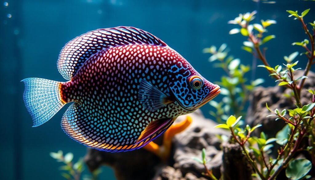 Stunning aquarium-dweller, "acará-disco" in crystal clear waters. Graceful, disc-shaped body adorned with mesmerizing patterns and vibrant hues. Soft ambient lighting illuminates the serene underwater scene, casting gentle shadows and highlights. The fish elegantly glides through the lush planted aquascape, its fins effortlessly propelling it forward. Attention to water quality is paramount, ensuring the optimal environment for this captivating species to thrive. A breathtaking centerpiece for the discerning home aquarium enthusiast. Stunning aquarium-dweller, "acará-disco" in crystal clear waters. Graceful, disc-shaped body adorned with mesmerizing patterns and vibrant hues. Soft ambient lighting illuminates the serene underwater scene, casting gentle shadows and highlights. The fish elegantly glides through the lush planted aquascape, its fins effortlessly propelling it forward. Attention to water quality is paramount, ensuring the optimal environment for this captivating species to thrive. A breathtaking centerpiece for the discerning home aquarium enthusiast.