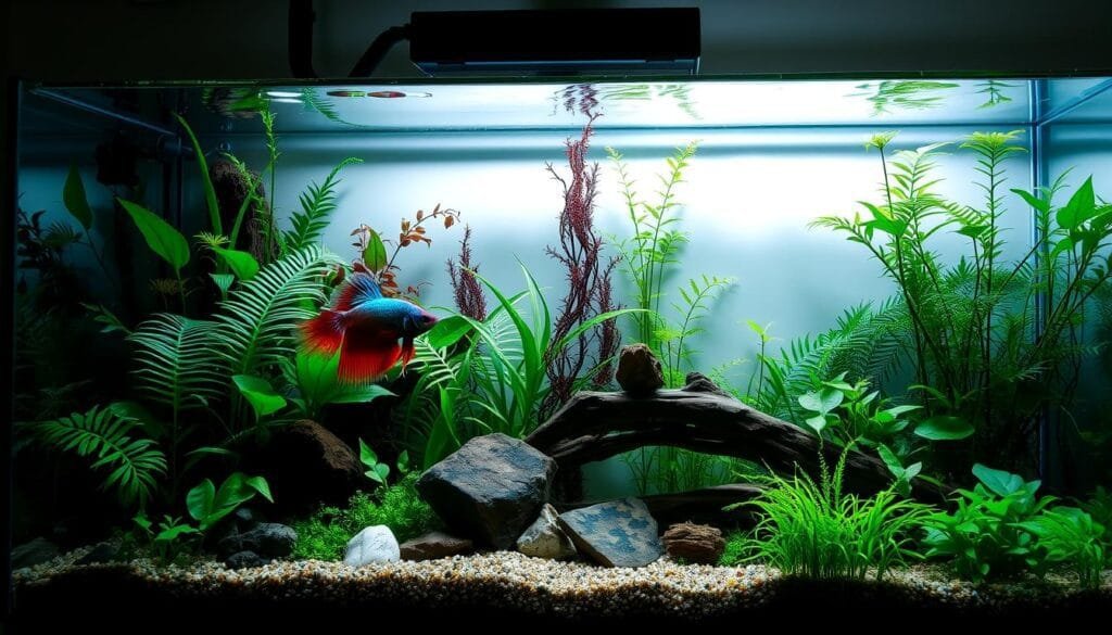 a well-lit, minimalist aquarium with a lush, thriving underwater scene. the foreground features a beautiful betta fish swimming gracefully amidst a variety of aquatic plants, such as java fern, ludwigia, and anubias. the middle ground showcases a natural-looking substrate, rocks, and driftwood, creating a cohesive and naturalistic environment. the background depicts soft, diffused lighting that subtly illuminates the aquarium, highlighting the vibrant colors of the plants and the iridescent hues of the betta fish. the overall mood is serene, calming, and showcases the beauty of an ideal betta fish habitat.