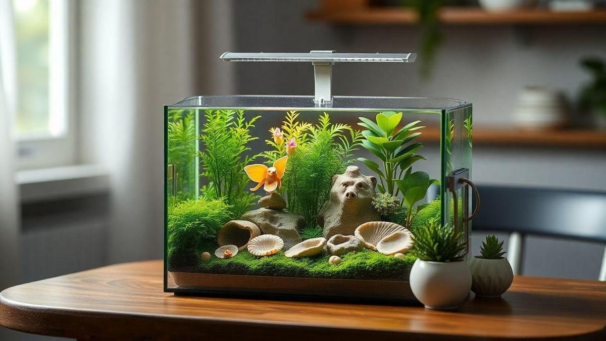 Decoração criativa aquário pequeno com materiais acessíveis